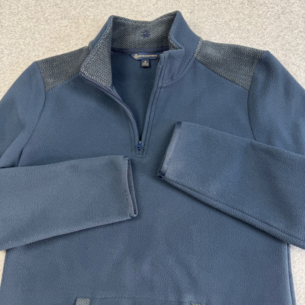 Brooks Brothers Mens Navy Blue Fleece Quarter Zip Pullover Herringbone Trim M